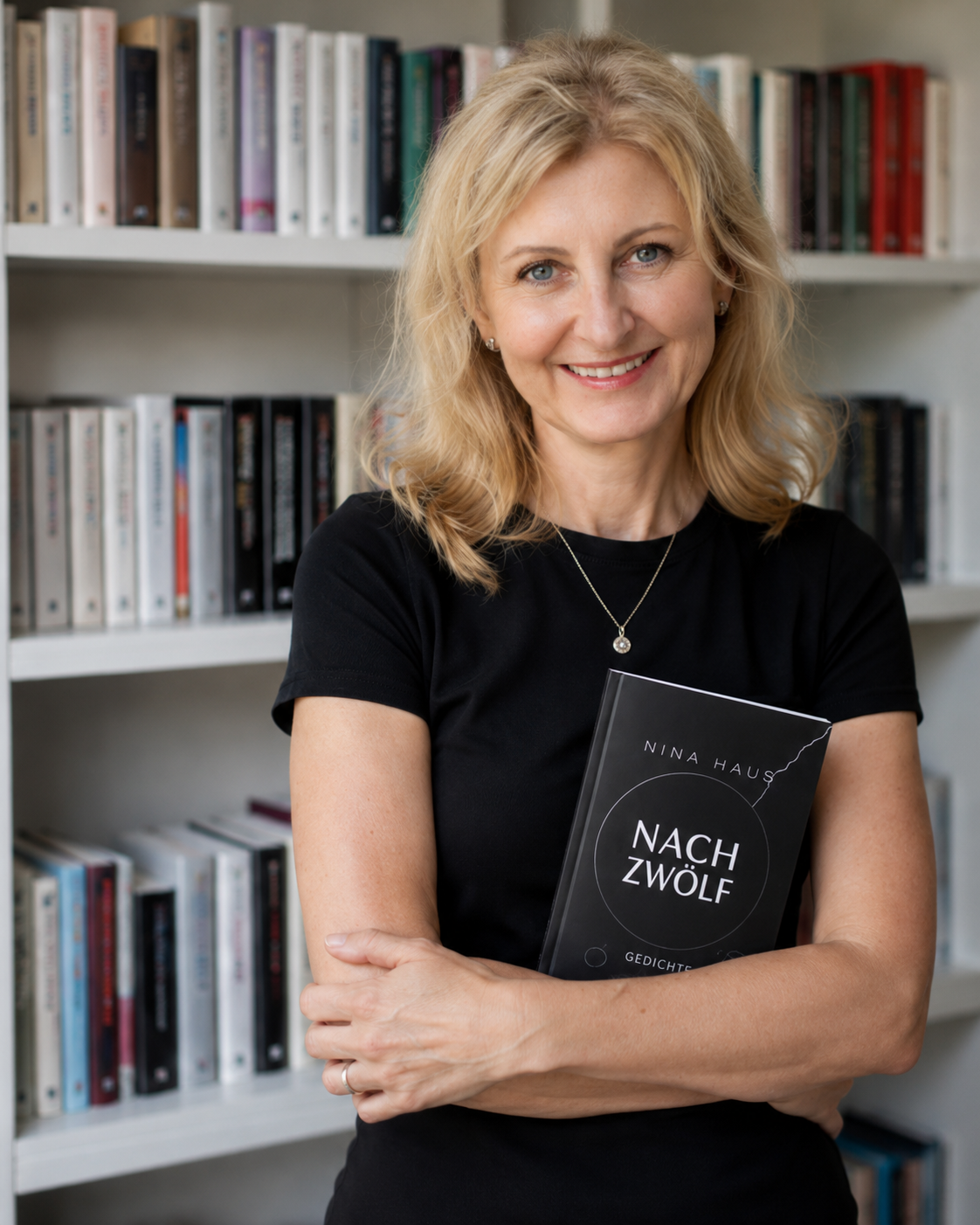 Die Autorin Nina Haus steht lächelnd vor einem Bücherregal und hält ihren Gedichtband Nach Zwölf im Arm.